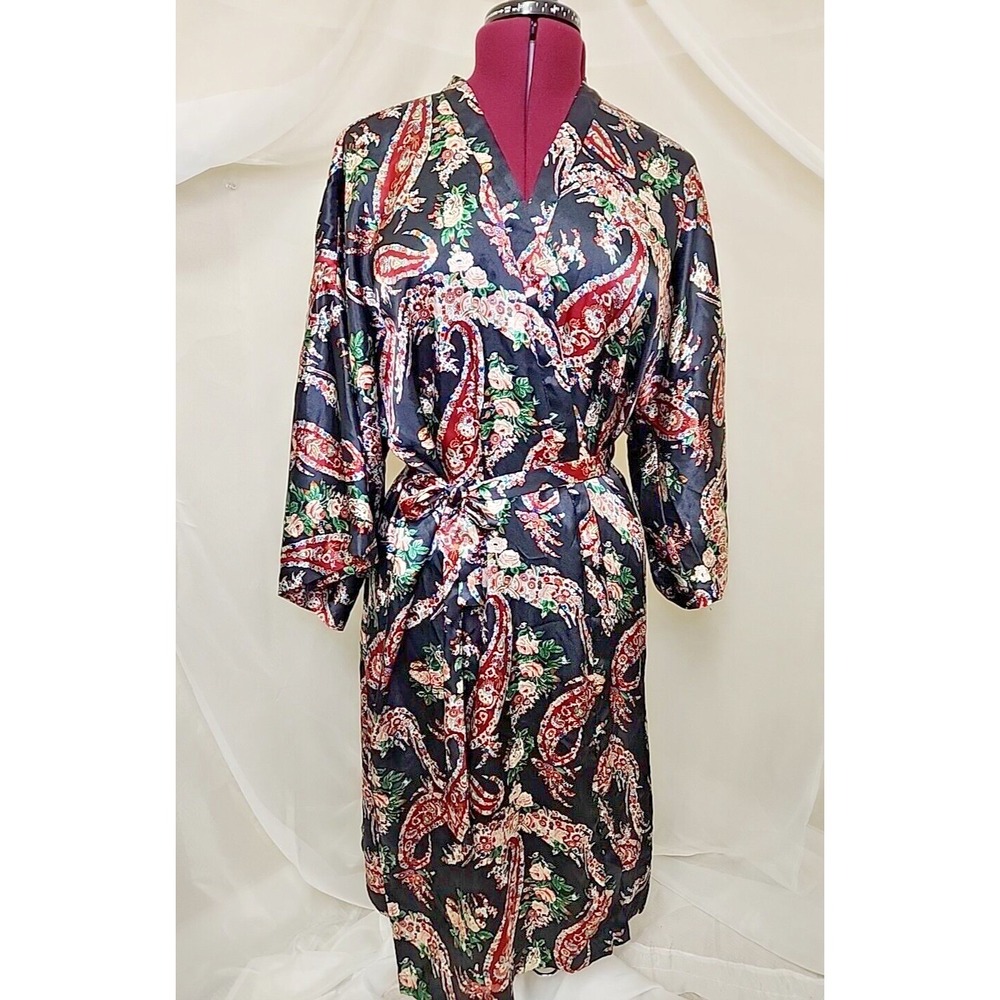 Vtg Victoria's Secret Asian Floral Satin Robe Black *Like* Natori Kimono‎ OS